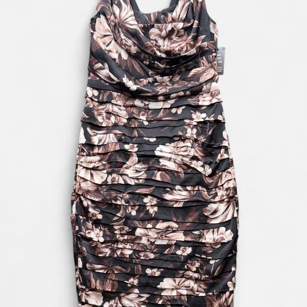 Express ruched satin midi dress in black with brown/tan floral print. Size 4
